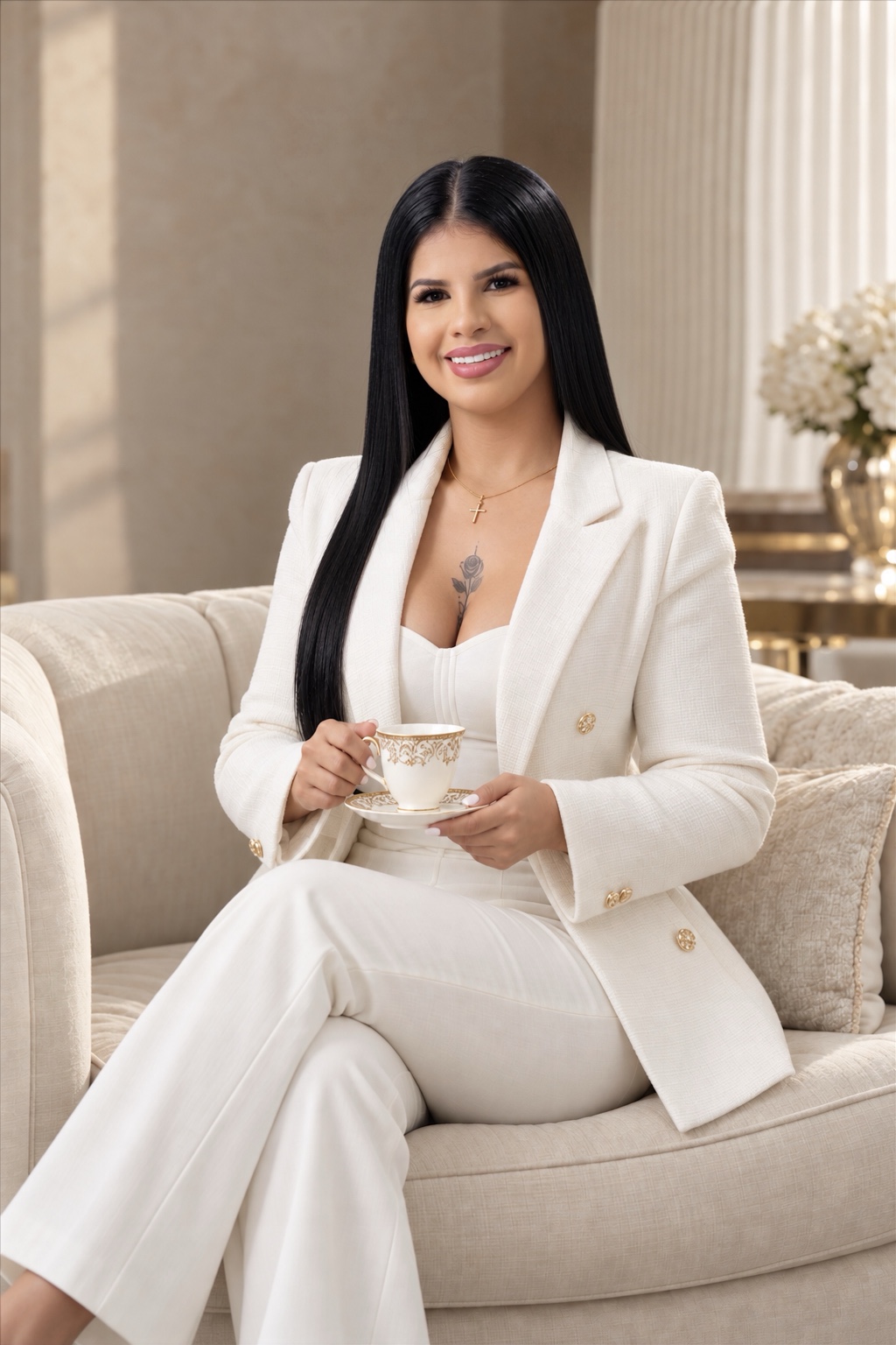 Oriana Alejo sentada con una taza de café en un espacio elegante